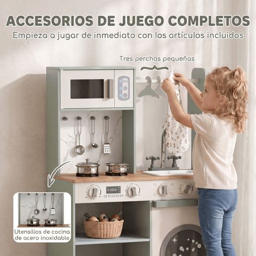 AIYAPLAY Cozinha de Brincar em Madeira com Lavandaria, Dispensador de Gelo, Micro-ondas, Lava-loiça e 5 Acessórios, Verde, 3-6 Anos AIYAPLAY Cozinha de Brincar em Madeira com Lavandaria, Dispensador de Gelo, Micro-ondas, Lava-loiça e 5 Acessórios, Verde, 3-6 Anos