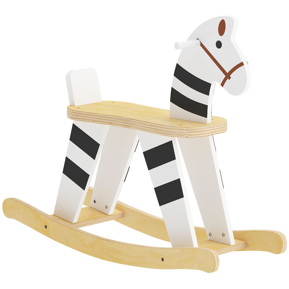 Aiyaplay caballito balancín para bebés, caballo balancín con base de madera y respaldo, diseño clásico, regalo para niños y niñas de 1,5 a 3 años, negro y blanco