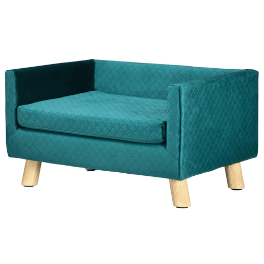 PawHut Sofá para Cães Pequenos 64x45x36 cm, Cama Elevada em Veludo com Almofada Lavável e Pés em Madeira de Bétula, até 8 kg, Azul Esverdeado