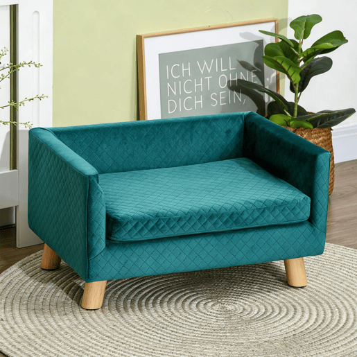 PawHut Sofá para Cães Pequenos 64x45x36 cm, Cama Elevada em Veludo com Almofada Lavável e Pés em Madeira de Bétula, até 8 kg, Azul Esverdeado