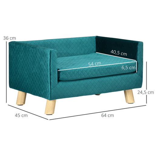 PawHut Sofá para Cães Pequenos 64x45x36 cm, Cama Elevada em Veludo com Almofada Lavável e Pés em Madeira de Bétula, até 8 kg, Azul Esverdeado