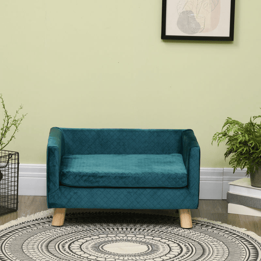 PawHut Sofá para Cães Pequenos 64x45x36 cm, Cama Elevada em Veludo com Almofada Lavável e Pés em Madeira de Bétula, até 8 kg, Azul Esverdeado