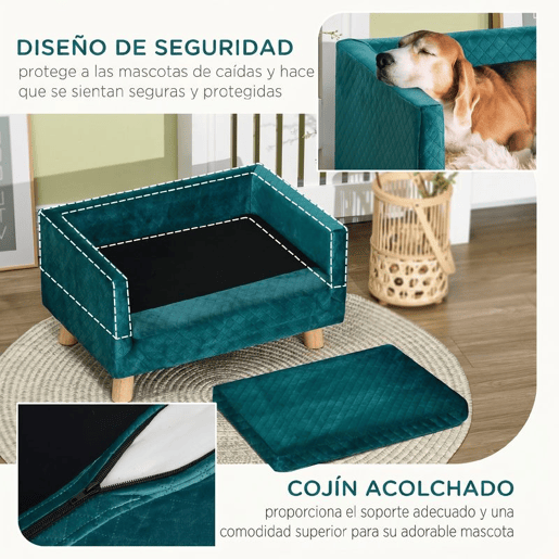 PawHut Sofá para Cães Pequenos 64x45x36 cm, Cama Elevada em Veludo com Almofada Lavável e Pés em Madeira de Bétula, até 8 kg, Azul Esverdeado
