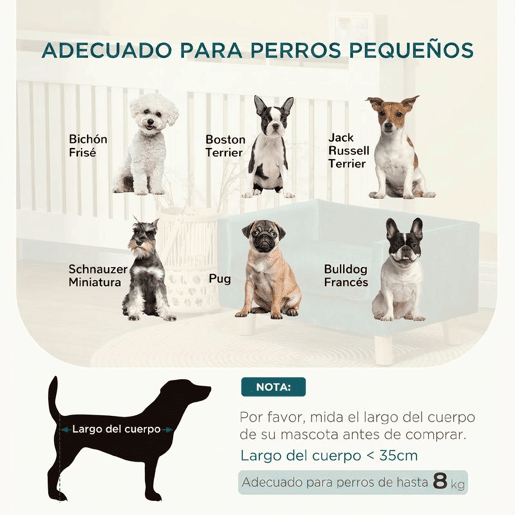PawHut Sofá para Cães Pequenos 64x45x36 cm, Cama Elevada em Veludo com Almofada Lavável e Pés em Madeira de Bétula, até 8 kg, Azul Esverdeado