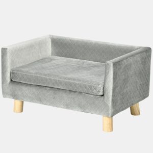 PawHut Sofá para Cães Pequenos 64x45x36 cm, Cama Elevada em Veludo com Almofada Lavável e Pés em Madeira de Bétula, até 8 kg, Cinzento Escuro