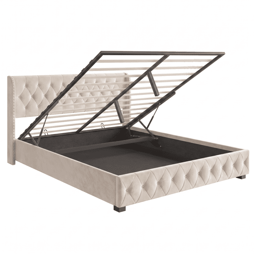 Cama de Casal 140x190 cm em Veludo Bege com Arrumação Hidráulica e Cabeceira com Detalhes em Tachas Cama de Casal 140x190 cm em Veludo Bege com Arrumação Hidráulica e Cabeceira com Detalhes em Tachas