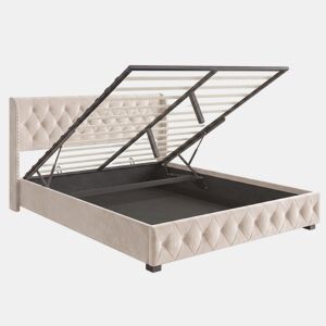 Cama de Casal 140x190 cm em Veludo Bege com Arrumação Hidráulica e Cabeceira com Detalhes em Tachas