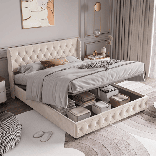 Cama de Casal 140x190 cm em Veludo Bege com Arrumação Hidráulica e Cabeceira com Detalhes em Tachas Cama de Casal 140x190 cm em Veludo Bege com Arrumação Hidráulica e Cabeceira com Detalhes em Tachas