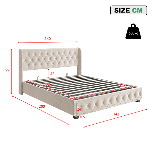 Cama de Casal 140x190 cm em Veludo Bege com Arrumação Hidráulica e Cabeceira com Detalhes em Tachas Cama de Casal 140x190 cm em Veludo Bege com Arrumação Hidráulica e Cabeceira com Detalhes em Tachas
