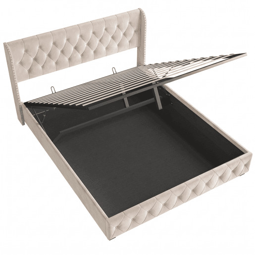 Cama de Casal 140x190 cm em Veludo Bege com Arrumação Hidráulica e Cabeceira com Detalhes em Tachas Cama de Casal 140x190 cm em Veludo Bege com Arrumação Hidráulica e Cabeceira com Detalhes em Tachas