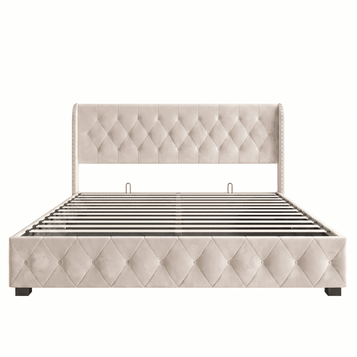 Cama de Casal 140x190 cm em Veludo Bege com Arrumação Hidráulica e Cabeceira com Detalhes em Tachas Cama de Casal 140x190 cm em Veludo Bege com Arrumação Hidráulica e Cabeceira com Detalhes em Tachas