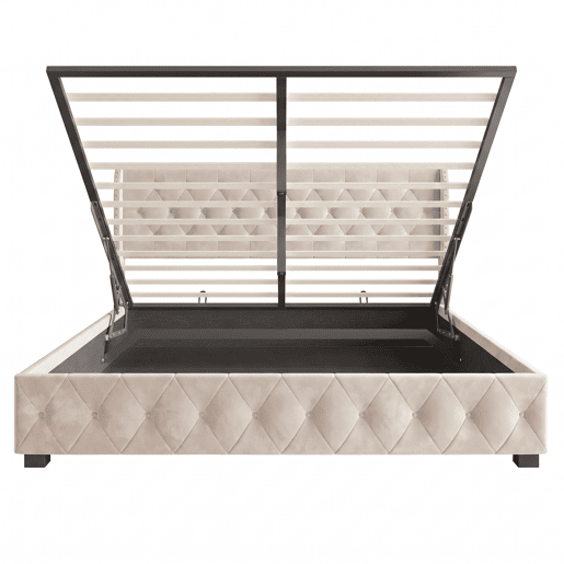 Cama de Casal 140x190 cm em Veludo Bege com Arrumação Hidráulica e Cabeceira com Detalhes em Tachas Cama de Casal 140x190 cm em Veludo Bege com Arrumação Hidráulica e Cabeceira com Detalhes em Tachas