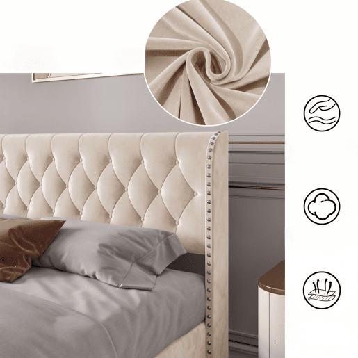 Cama de Casal 140x190 cm em Veludo Bege com Arrumação Hidráulica e Cabeceira com Detalhes em Tachas Cama de Casal 140x190 cm em Veludo Bege com Arrumação Hidráulica e Cabeceira com Detalhes em Tachas