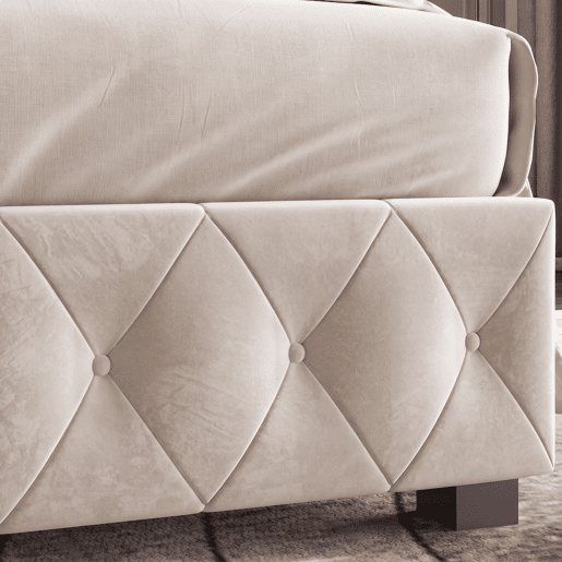 Cama de Casal 140x190 cm em Veludo Bege com Arrumação Hidráulica e Cabeceira com Detalhes em Tachas Cama de Casal 140x190 cm em Veludo Bege com Arrumação Hidráulica e Cabeceira com Detalhes em Tachas