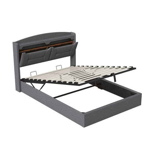 Cama de Casal Estofada 140x200 cm Cinzento Claro com Arrumação Hidráulica, Cabeceira LED RGB, USB e Compartimentos Cama de Casal Estofada 140x200 cm Cinzento Claro com Arrumação Hidráulica, Cabeceira LED RGB, USB e Compartimentos