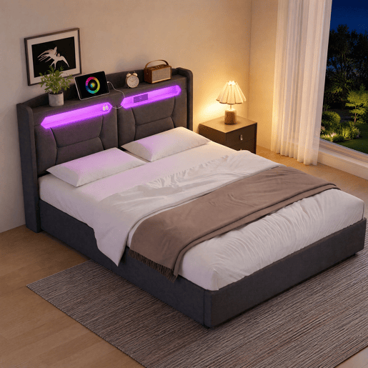 Cama de Casal Estofada 140x200 cm Cinzento Claro com Arrumação Hidráulica, Cabeceira LED RGB, USB e Compartimentos Cama de Casal Estofada 140x200 cm Cinzento Claro com Arrumação Hidráulica, Cabeceira LED RGB, USB e Compartimentos