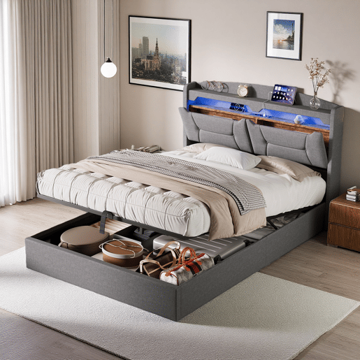 Cama de Casal Estofada 140x200 cm Cinzento Claro com Arrumação Hidráulica, Cabeceira LED RGB, USB e Compartimentos Cama de Casal Estofada 140x200 cm Cinzento Claro com Arrumação Hidráulica, Cabeceira LED RGB, USB e Compartimentos