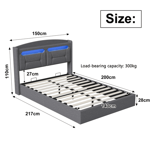 Cama de Casal Estofada 140x200 cm Cinzento Claro com Arrumação Hidráulica, Cabeceira LED RGB, USB e Compartimentos Cama de Casal Estofada 140x200 cm Cinzento Claro com Arrumação Hidráulica, Cabeceira LED RGB, USB e Compartimentos