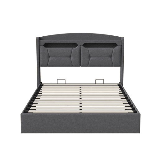 Cama de Casal Estofada 140x200 cm Cinzento Claro com Arrumação Hidráulica, Cabeceira LED RGB, USB e Compartimentos Cama de Casal Estofada 140x200 cm Cinzento Claro com Arrumação Hidráulica, Cabeceira LED RGB, USB e Compartimentos