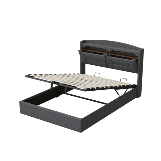 Cama de Casal Estofada 140x200 cm Cinzento Claro com Arrumação Hidráulica, Cabeceira LED RGB, USB e Compartimentos Cama de Casal Estofada 140x200 cm Cinzento Claro com Arrumação Hidráulica, Cabeceira LED RGB, USB e Compartimentos