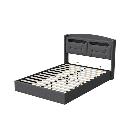 Cama de Casal Estofada 140x200 cm Cinzento Claro com Arrumação Hidráulica, Cabeceira LED RGB, USB e Compartimentos Cama de Casal Estofada 140x200 cm Cinzento Claro com Arrumação Hidráulica, Cabeceira LED RGB, USB e Compartimentos