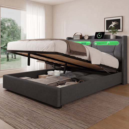 Cama de Casal Estofada 140x200 cm Cinzento Claro com Arrumação Hidráulica, Cabeceira LED RGB, USB e Compartimentos Cama de Casal Estofada 140x200 cm Cinzento Claro com Arrumação Hidráulica, Cabeceira LED RGB, USB e Compartimentos