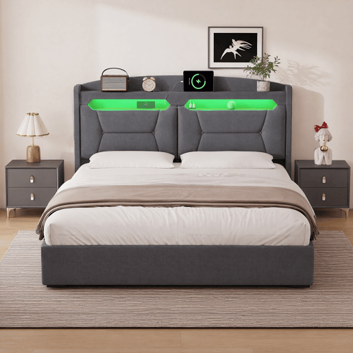 Cama de Casal Estofada 140x200 cm Cinzento Claro com Arrumação Hidráulica, Cabeceira LED RGB, USB e Compartimentos Cama de Casal Estofada 140x200 cm Cinzento Claro com Arrumação Hidráulica, Cabeceira LED RGB, USB e Compartimentos