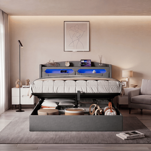 Cama de Casal Estofada 140x200 cm Cinzento Claro com Arrumação Hidráulica, Cabeceira LED RGB, USB e Compartimentos Cama de Casal Estofada 140x200 cm Cinzento Claro com Arrumação Hidráulica, Cabeceira LED RGB, USB e Compartimentos