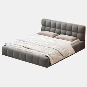 Cama estofada 140x200 cm em tecido de linho com cabeceira acolchoada e estrado de ripas, cinzento