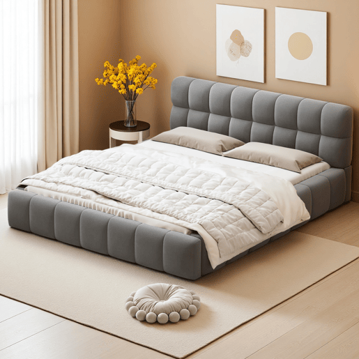 Cama estofada 140x200 cm em tecido de linho com cabeceira acolchoada e estrado de ripas, cinzento Cama estofada 140x200 cm em tecido de linho com cabeceira acolchoada e estrado de ripas, cinzento