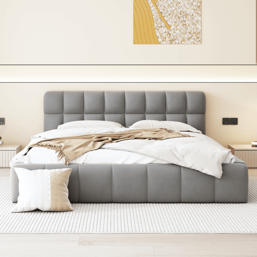 Cama estofada 140x200 cm em tecido de linho com cabeceira acolchoada e estrado de ripas, cinzento Cama estofada 140x200 cm em tecido de linho com cabeceira acolchoada e estrado de ripas, cinzento