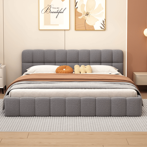 Cama estofada 140x200 cm em tecido de linho com cabeceira acolchoada e estrado de ripas, cinzento Cama estofada 140x200 cm em tecido de linho com cabeceira acolchoada e estrado de ripas, cinzento