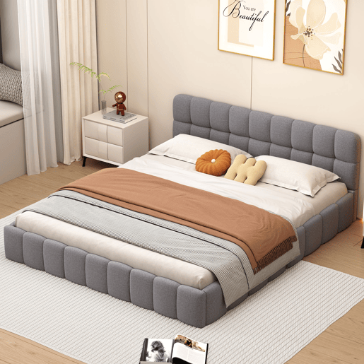 Cama estofada 140x200 cm em tecido de linho com cabeceira acolchoada e estrado de ripas, cinzento Cama estofada 140x200 cm em tecido de linho com cabeceira acolchoada e estrado de ripas, cinzento