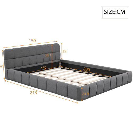 Cama estofada 140x200 cm em tecido de linho com cabeceira acolchoada e estrado de ripas, cinzento Cama estofada 140x200 cm em tecido de linho com cabeceira acolchoada e estrado de ripas, cinzento
