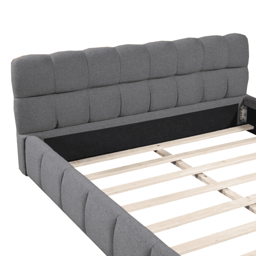 Cama estofada 140x200 cm em tecido de linho com cabeceira acolchoada e estrado de ripas, cinzento Cama estofada 140x200 cm em tecido de linho com cabeceira acolchoada e estrado de ripas, cinzento