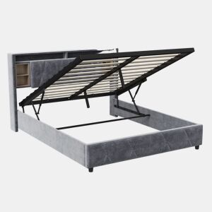 Cama Estofada 140x200 cm Cinzenta em Veludo com Arrumação Hidráulica, LED de 7 Cores, USB e Tipo-C