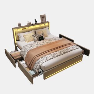 Cama De Casal 160x200 Cm Em Linho, Cabeceira E Peseira Com Leds, Cama Com Arrumação Com 4 Gavetas Metálicas, Portas Usb E Type-c, Bege