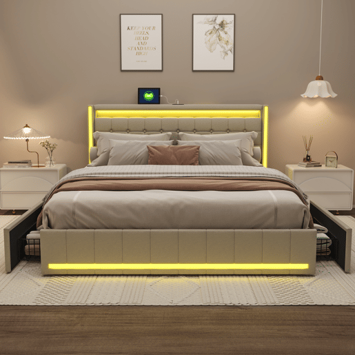 Cama De Casal 160x200 Cm Em Linho, Cabeceira E Peseira Com Leds, Cama Com Arrumação Com 4 Gavetas Metálicas, Portas Usb E Type-c, Bege