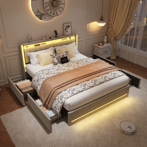 Cama De Casal 160x200 Cm Em Linho, Cabeceira E Peseira Com Leds, Cama Com Arrumação Com 4 Gavetas Metálicas, Portas Usb E Type-c, Bege