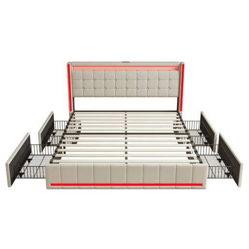 Cama De Casal 160x200 Cm Em Linho, Cabeceira E Peseira Com Leds, Cama Com Arrumação Com 4 Gavetas Metálicas, Portas Usb E Type-c, Bege