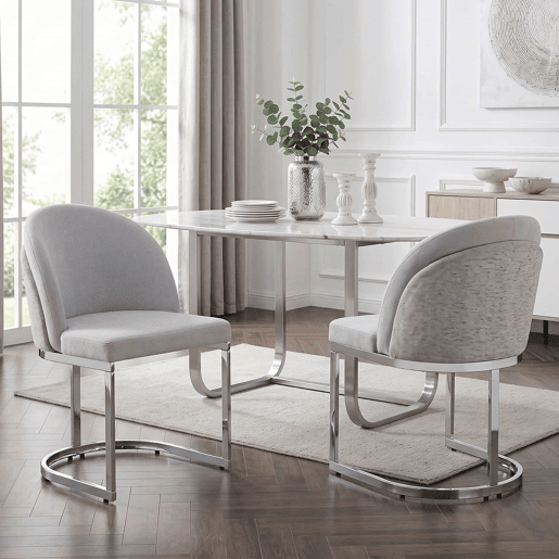 2 cadeiras de jantar - Estilo moderno, estofo respirável em chenille e pernas galvanizadas - Cinza claro e prateado