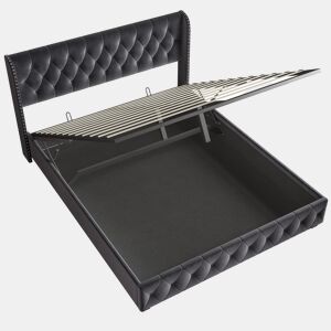 Cama de Casal 140x190 cm em Veludo Cinzento Escuro com Arrumação Hidráulica e Cabeceira com Detalhes em Tachas