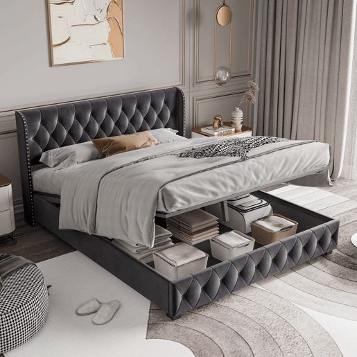Cama de Casal 140x190 cm em Veludo Cinzento Escuro com Arrumação Hidráulica e Cabeceira com Detalhes em Tachas
