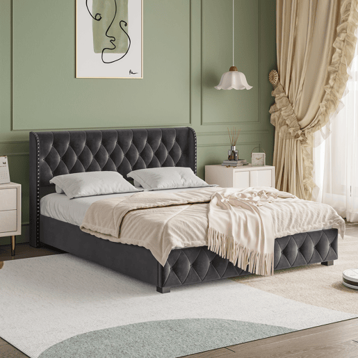 Cama de Casal 140x190 cm em Veludo Cinzento Escuro com Arrumação Hidráulica e Cabeceira com Detalhes em Tachas