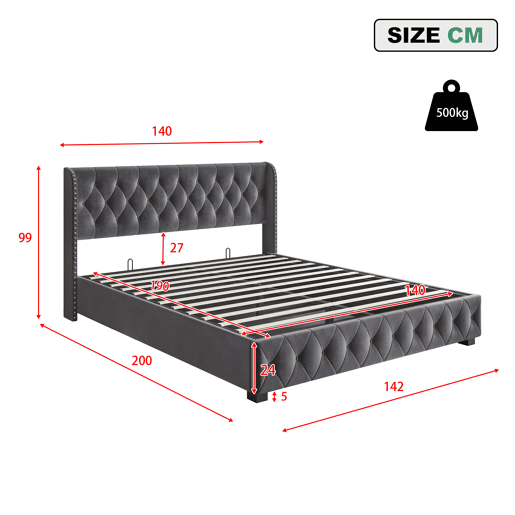 Cama de Casal 140x190 cm em Veludo Cinzento Escuro com Arrumação Hidráulica e Cabeceira com Detalhes em Tachas