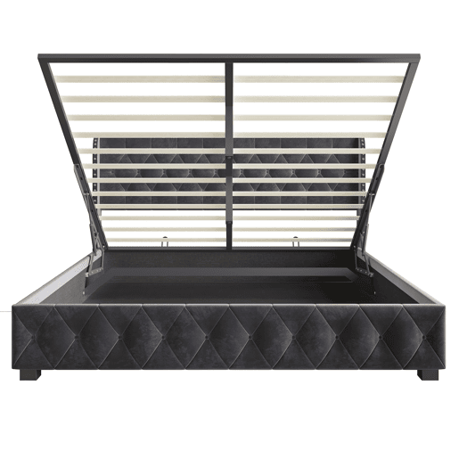 Cama de Casal 140x190 cm em Veludo Cinzento Escuro com Arrumação Hidráulica e Cabeceira com Detalhes em Tachas