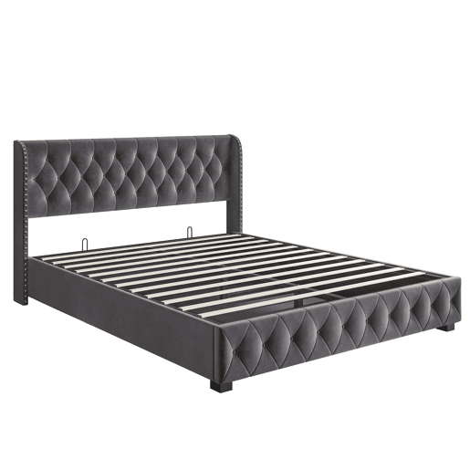 Cama de Casal 140x190 cm em Veludo Cinzento Escuro com Arrumação Hidráulica e Cabeceira com Detalhes em Tachas