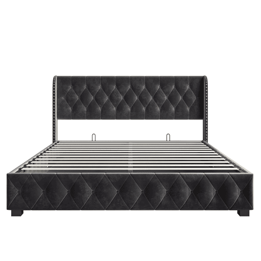 Cama de Casal 140x190 cm em Veludo Cinzento Escuro com Arrumação Hidráulica e Cabeceira com Detalhes em Tachas