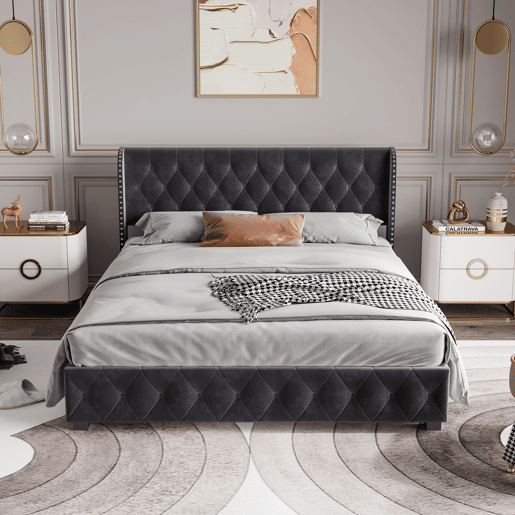 Cama de Casal 140x190 cm em Veludo Cinzento Escuro com Arrumação Hidráulica e Cabeceira com Detalhes em Tachas