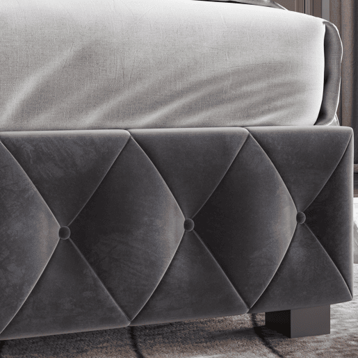 Cama de Casal 140x190 cm em Veludo Cinzento Escuro com Arrumação Hidráulica e Cabeceira com Detalhes em Tachas